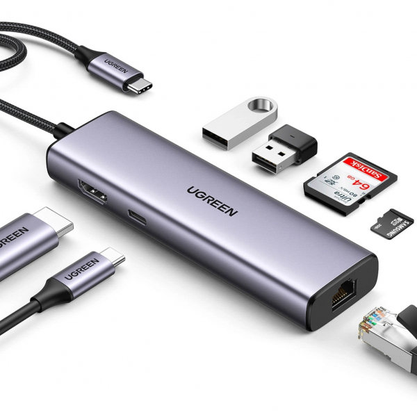 Hub USB-C UGREEN CM512 (90568), 2 x USB-A 3.0 - 1 x USB-C - 1 x HDMI - 1 x RJ45 - 1 x SD - 1 x microSD, Gri