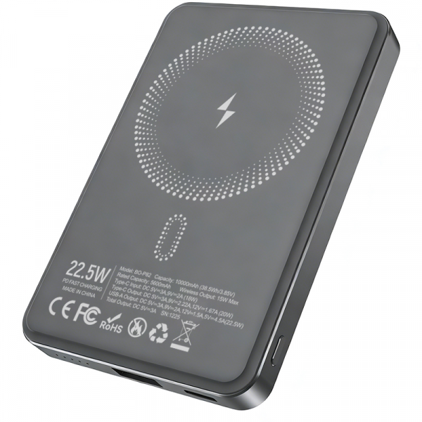 Baterie Externa Wireless BWOO BO-P82, 10000mAh, 22.5W, PD + FQI, 1 x QI - 1 x USB-C, Gri