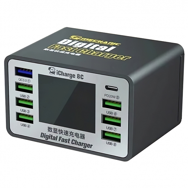 Incarcator Statie Mechanic 8C with Display, 50W, 3A, 7 x USB-A - 1 x USB-C, Negru
