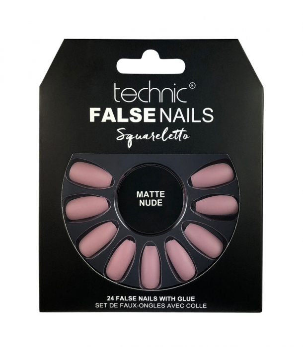 Set 24 Unghii False cu adeziv inclus Technic False Nails, Squareletto, Matte Nude
