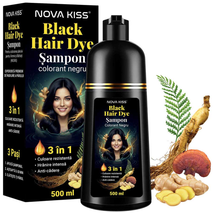 Sampon Colorant NOVA KISS   pentru Vopsirea Parului Negru, 3 in 1, Acoperire Fire Albe, 500 ml