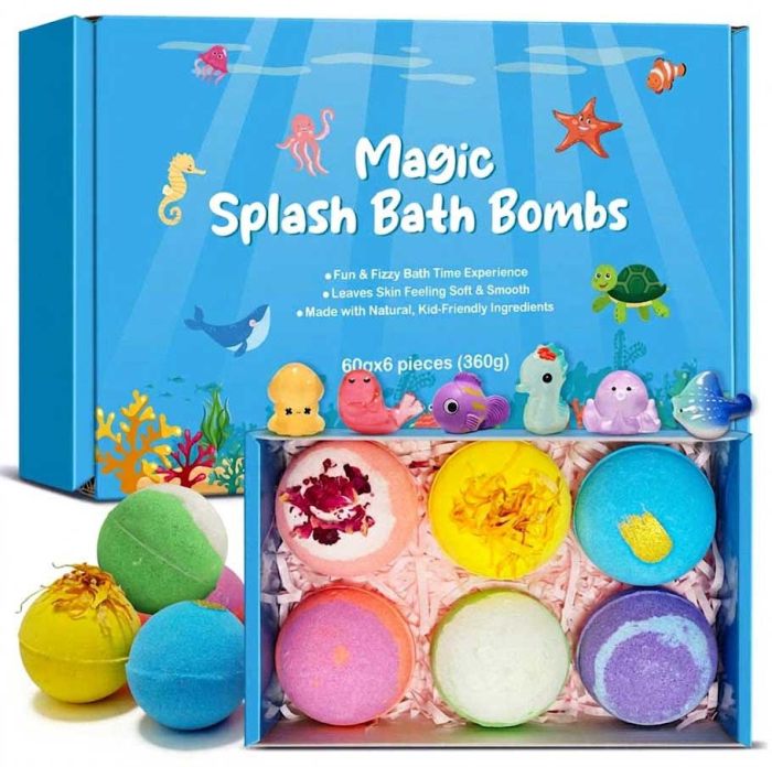 ,  ,  ,  ,  ,  ,  ,  Set 6 Bombe de Baie pentru Copii cu Jucarie Surpriza, Naturale si Efervescente, 6x60g