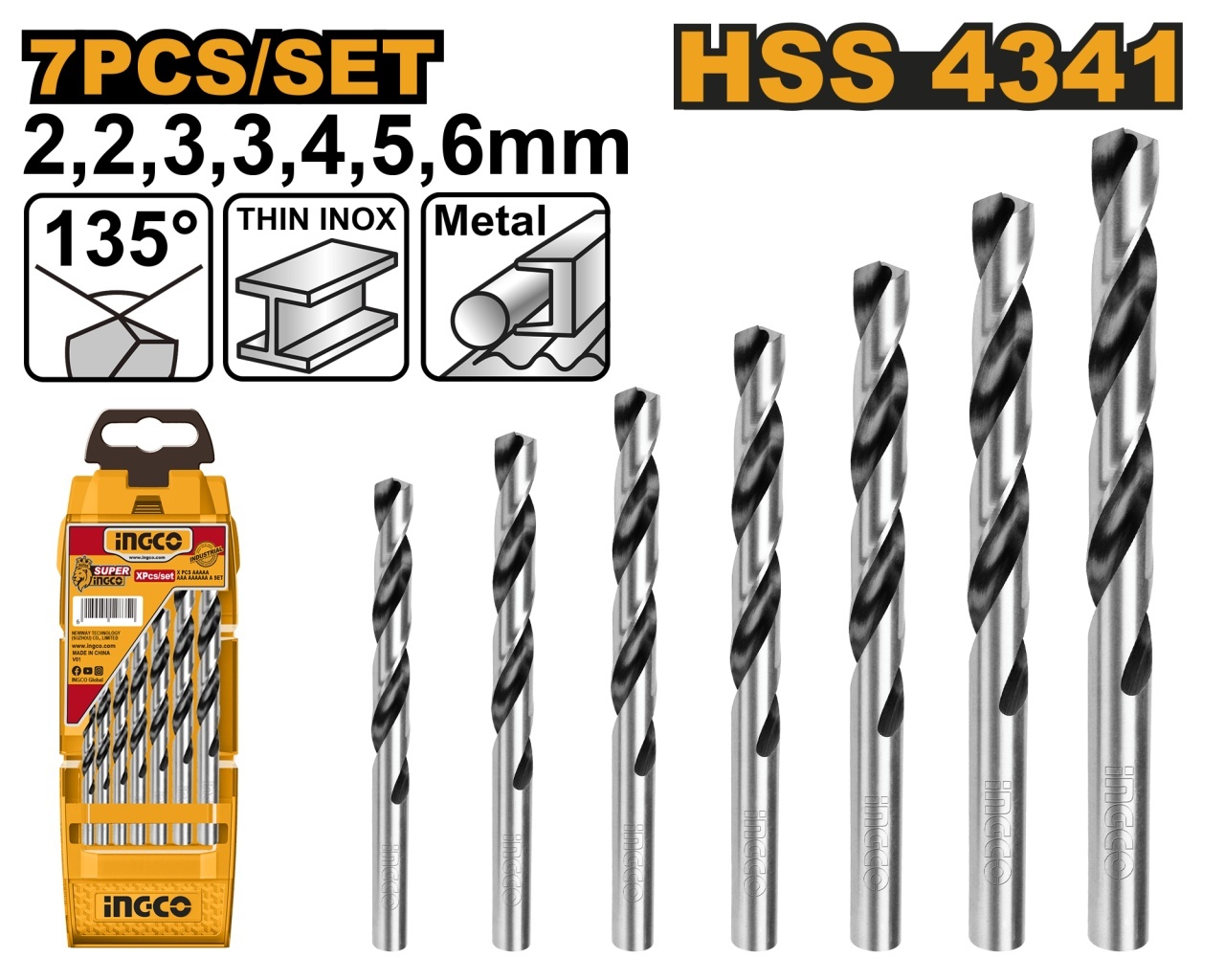 Set Burghie Metal 7 buc AKD1075 – HSS 4341, 2-6mm, Burghie Precizie pentru Otel si Metale, Set Compact