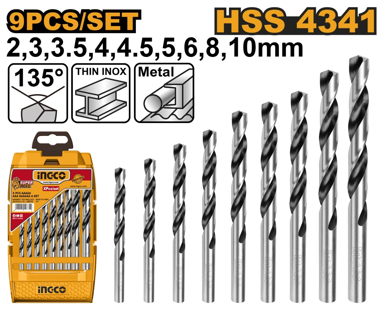 Set Burghie Metal 9 buc AKD1095 – HSS 4341, 2-10mm, Burghie Elicoidale Precizie pentru Otel si Metale