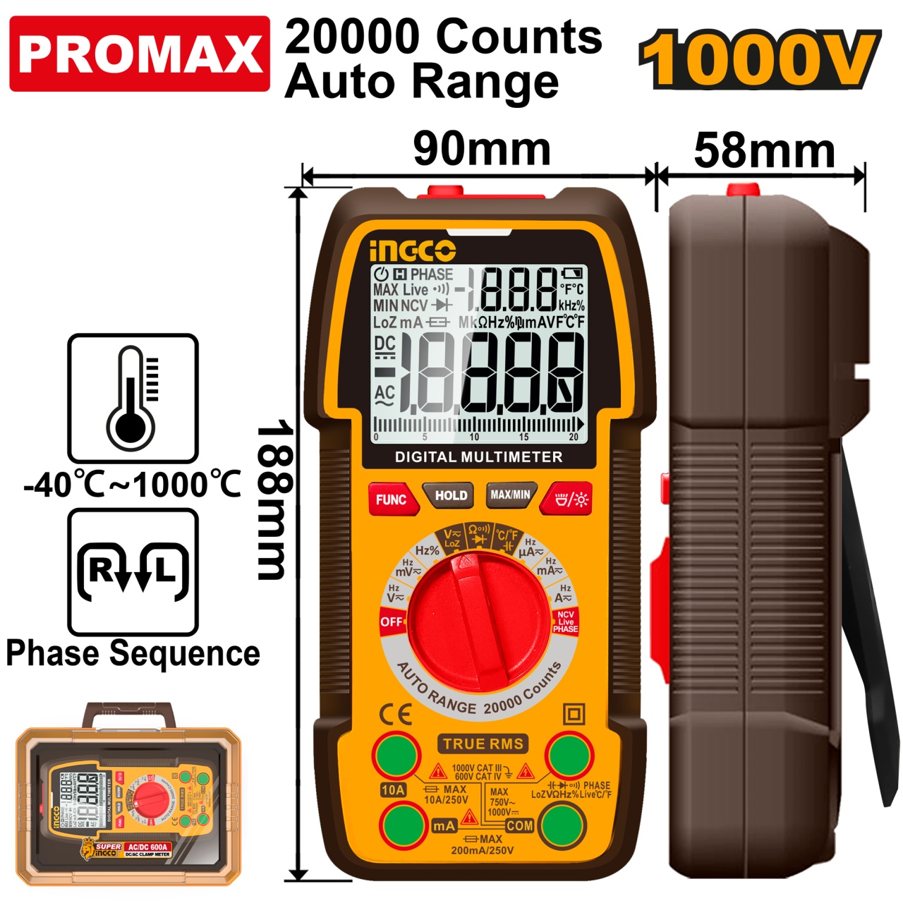 Multimetru Digital Profesional DM410003 – TRU RMS 20000 Puncte, 1000V DC / 750V AC, 10A, Auto Range, Masurare Temperatura -40°C~1000°C, NCV, LowZ