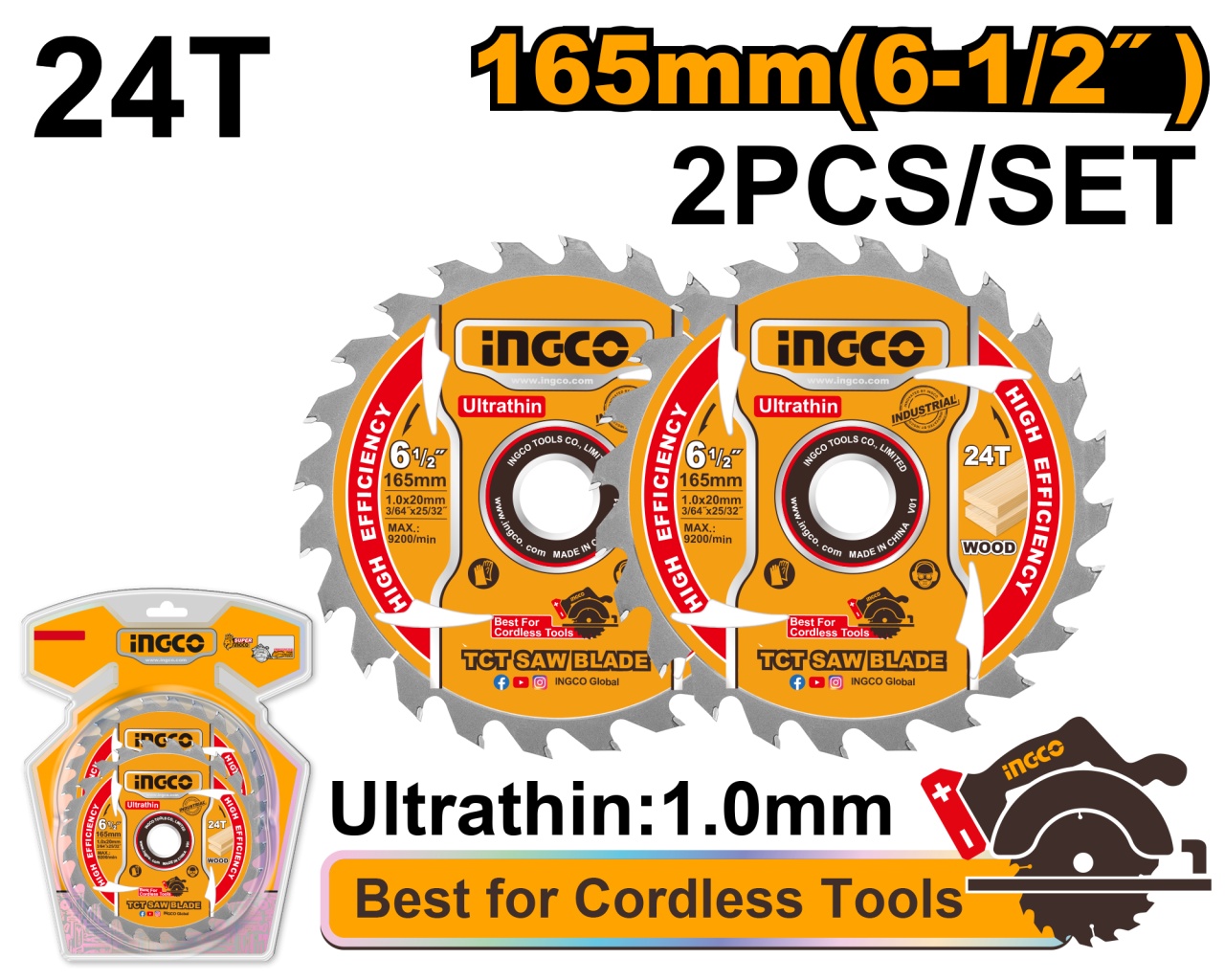 Set 2 Discuri Widia Lemn 165mm Ultra Subtire 1.0mm 24T INGCO TSB1653, alezaj 20mm cu inel reductie 16mm, pentru fierastrau circular pe acumulator