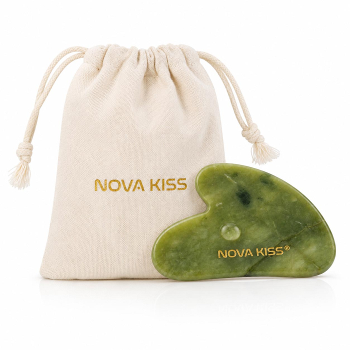 Piatra Gua Sha din Jad Natural NOVA KISS   pentru Masaj Facial, Antirid si Drenaj Limfatic, Include Saculet de Bumbac