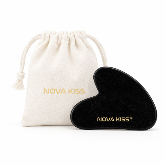 Piatra Gua Sha din Jad Natural NOVA KISS   pentru Masaj Facial, Antirid si Drenaj Limfatic, Include Saculet de Bumbac