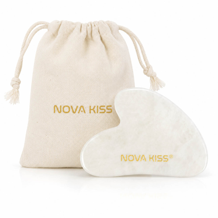 Piatra Gua Sha din Jad Natural NOVA KISS   pentru Masaj Facial, Antirid si Drenaj Limfatic, Include Saculet de Bumbac