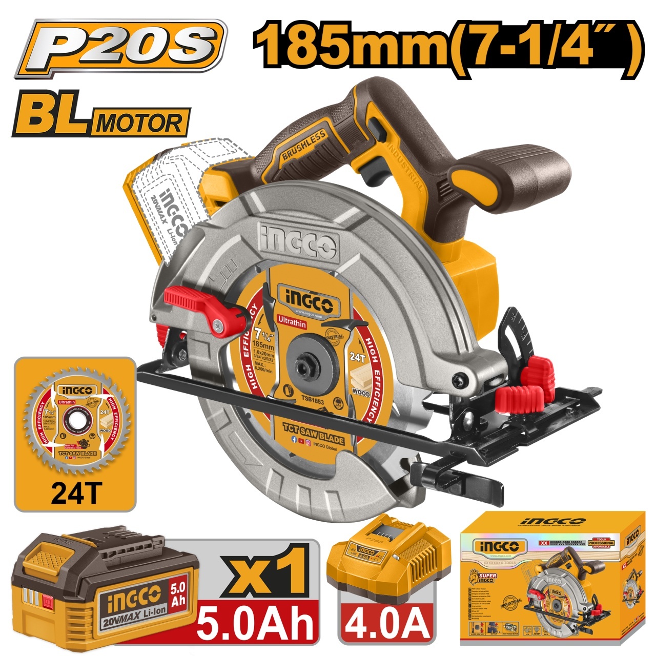 Fierastrau Circular Profesional 20V 185mm Brushless INGCO CSLI18513E, 4800 rpm, taiere 65mm la 90°, 45mm la 45°, ax 20mm, 1 acumulator 5Ah + incarcator + accesorii incluse