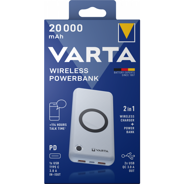 Baterie Externa Wireless Varta Energy, 20000mAh, 18W, QC + PD + FQI, 1 x QI - 1 x USB-C - 2 x USB-A, Alba