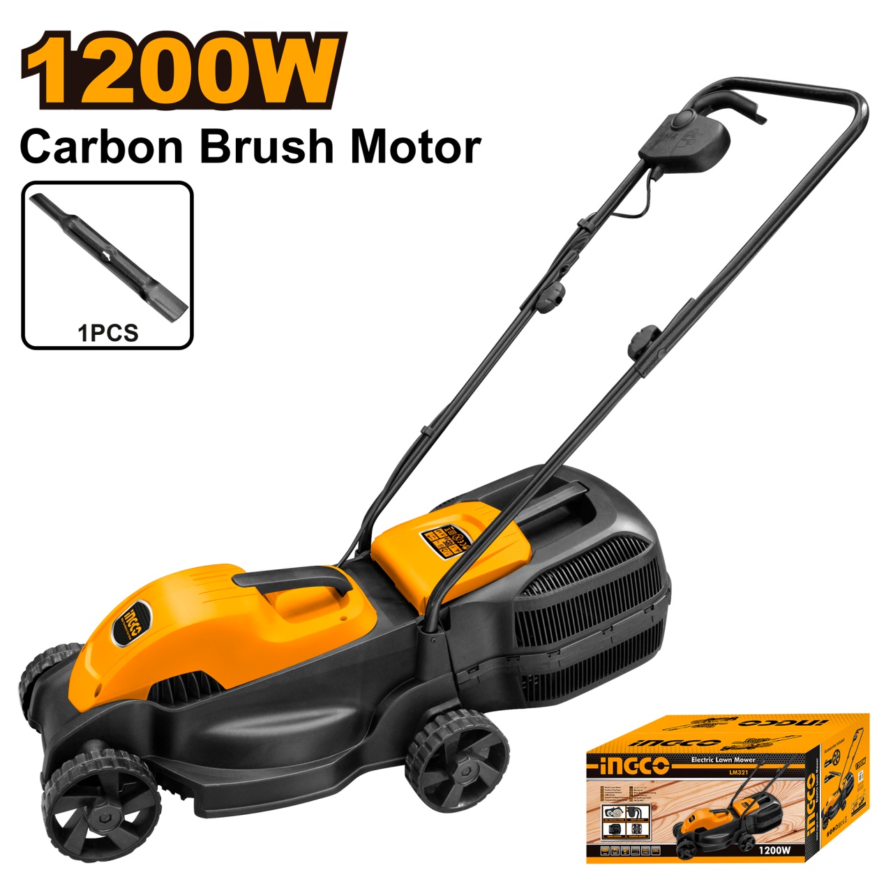 Masina Tuns Iarba 1200W INGCO – LM321, 220–240V, 3300 rpm, latime taiere 320 mm, 3 trepte inaltime, cos colector 28L, perii carbon incluse