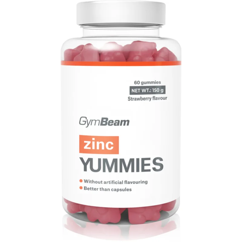 GymBeam Zinc Yummies bomboane tip jeleu pentru susținerea sistemului imunitar, a frumuseții părului și a tenului și pentru sănătatea dinților aroma Strawberry 150 g