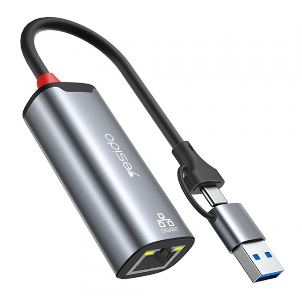 Placa Retea Yesido HB26, RJ45, USB / USB-C, Gri