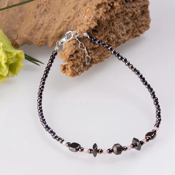 Bratara argint subtire din hematit si cubic zirconia roz deschis 1.5 mm