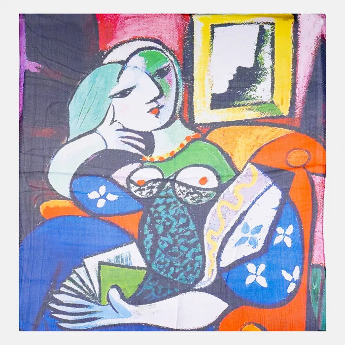 Esarfa patrata cu o singura fata imprimata cu model inspirat dupa   Fata in fata oglinzii   a lui Picasso