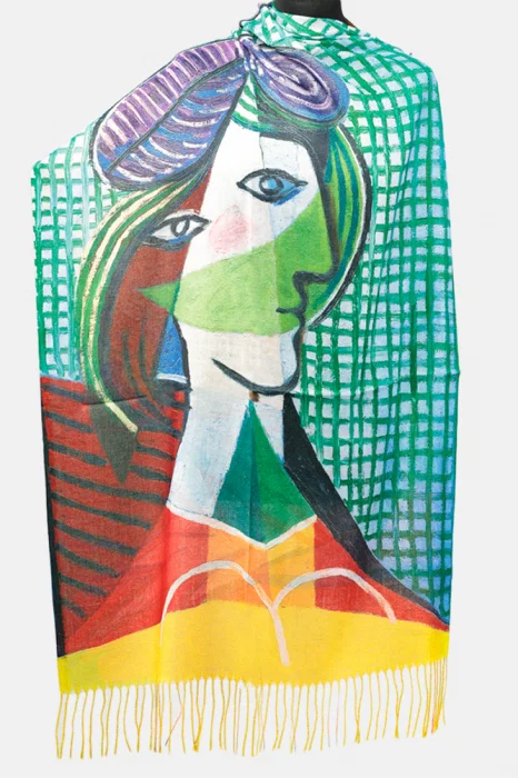 Esarfa cashmere cu fir de lurex, doua fete imprimata cu model inspirat  suprarealistdupa Picasso