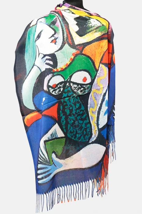 Esarfa cashmere cu doua fete imprimata cu model inspirat  dupa    Femeie cu carte   lui Picasso