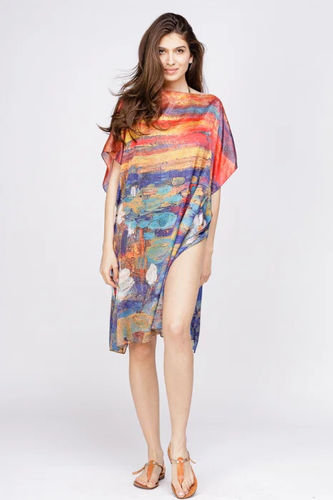 Rochie de plaja tip poncho din matase cu model inspirat dupa o pictura celebra