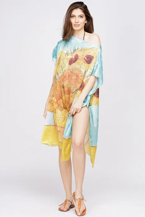 Rochie de plaja tip poncho din matase cu model inspirat dupa    Floarea Soarelui   de Van Gogh