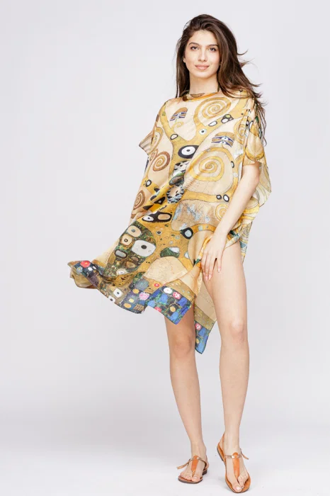 Rochie de plaja tip poncho din matase cu model inspirat dupa    Pomul Vietii    - Gustav Klimt