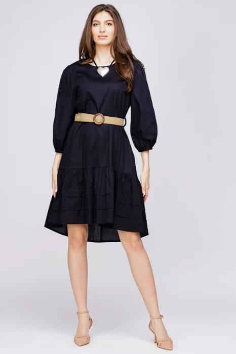 Rochie cu volan din poplin de bumbac cu curea elastica, neagra