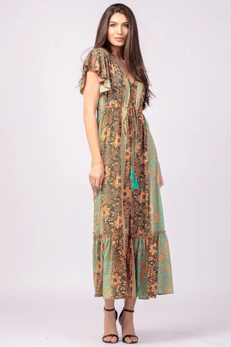 Rochie lunga cu volan si imprimeu floral, din matase indiana verde menta - portocaliu