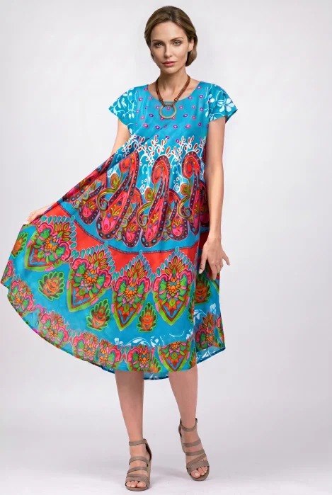 Rochie midi A-line cu imprimeu paisley, pe fond turcoaz