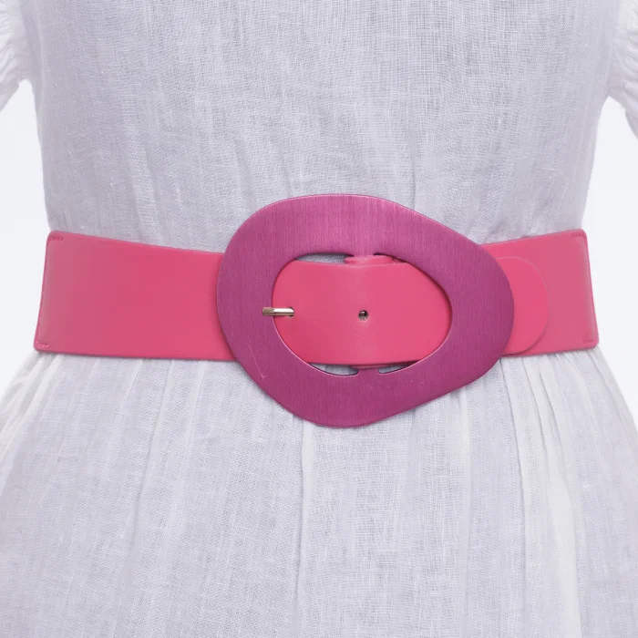 Curea din piele ecologica fucsia cu catarama neregulata metalica si elastic la spate