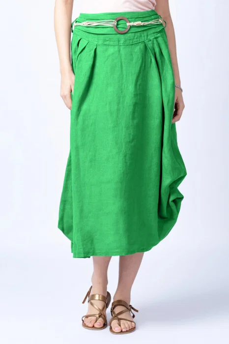 Fusta lunga verde crud cu poale prinse, din in, cu o curea fancy