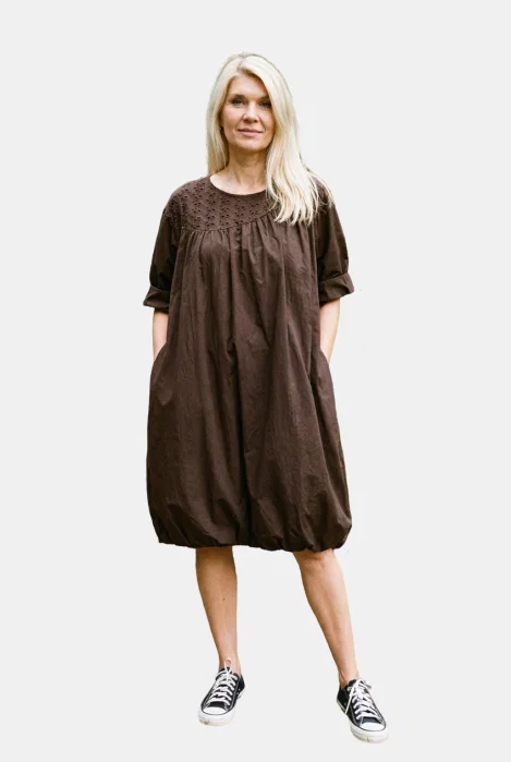 Rochie midi gogosar cu dantela, din poplin de bumbac, maro