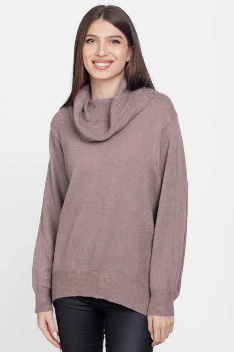 Pulover cu guler inalt elegant, din vascoza si lana, bej inchis