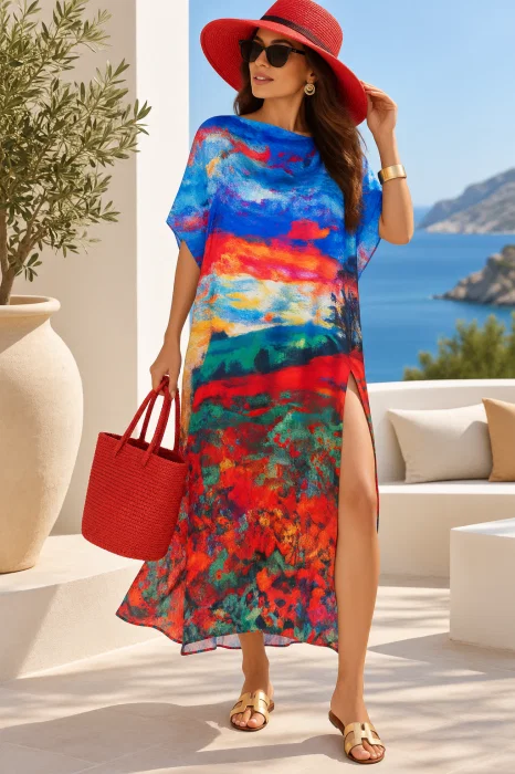 Rochie de plaja lunga tip poncho din matase cu pictura camp de maci si cer albastru