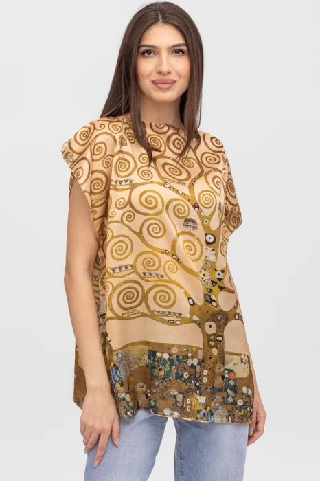 Bluza de vara tip poncho din matase cu model inspirat dupa   Pomul Vietii    de Gustav Klimt