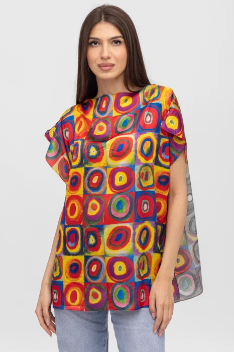 Bluza de vara tip poncho din matase cu model inspirat dupa pictura lui Kandinski, cercuri mari