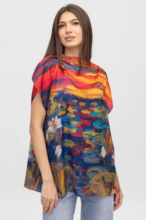 Bluza de vara tip poncho din matase  imprimata cu model inspirat dupa picturi celebre