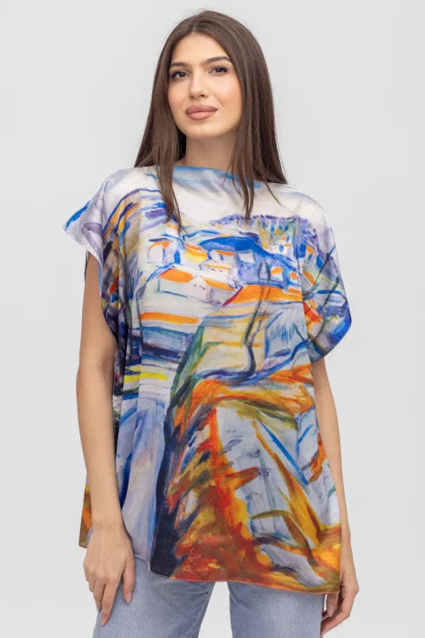 Bluza de vara tip poncho din matase imprimata cu model inspirat dupa picturi celebre