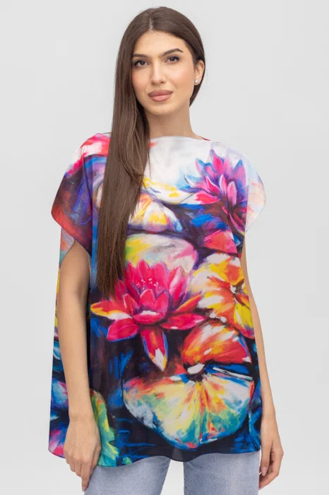 Bluza de vara tip poncho din matase imprimata cu model inspirat dupa picturi celebre cu nuferi mari