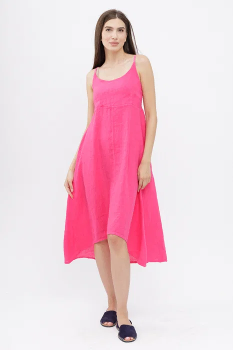 Rochie din in, cu bretele reglabile si elastic la spate, fucsia