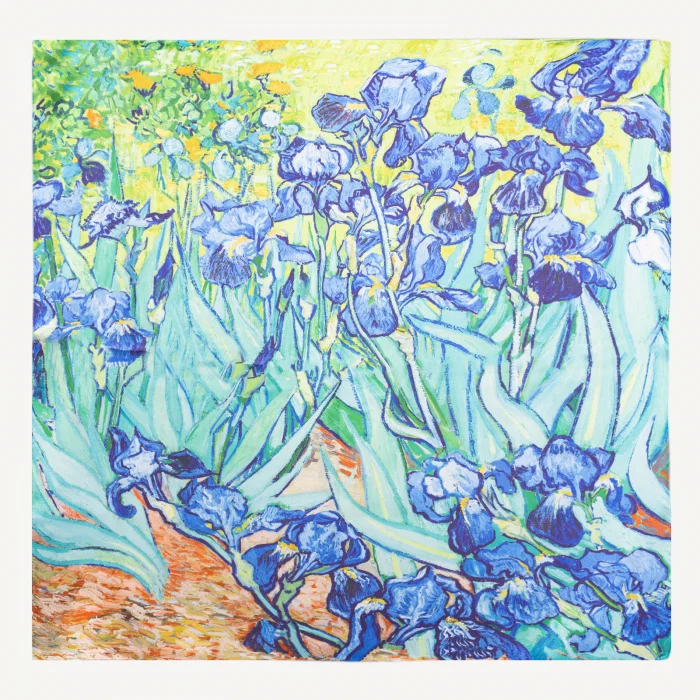 Esarfa patrata cu o fata imprimata cu model inspirat dupa pictura   Irisi   a lui Van Gogh, din matase si vascoza