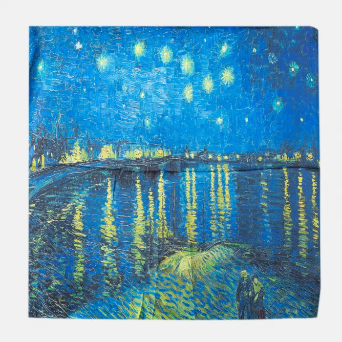 Esarfa patrata cu o singura fata imprimata cu model inspirat  dupa    Noapte Instelata deasupra Rhonului   de Claude Monet