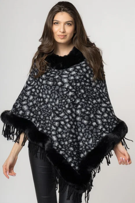 Poncho animal print negru, de oras tivit cu blana