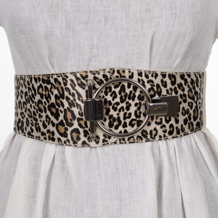 Curea elastica din piele ecologica bej cu animal print si catarama ovala argintie