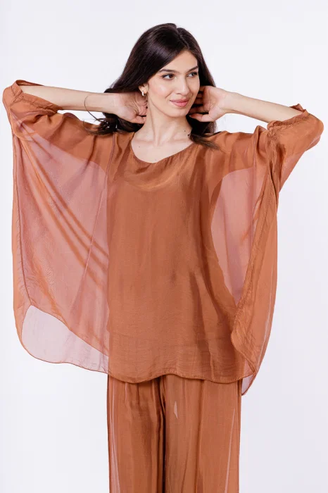 Bluza din matase si vascoza in colturi, camel