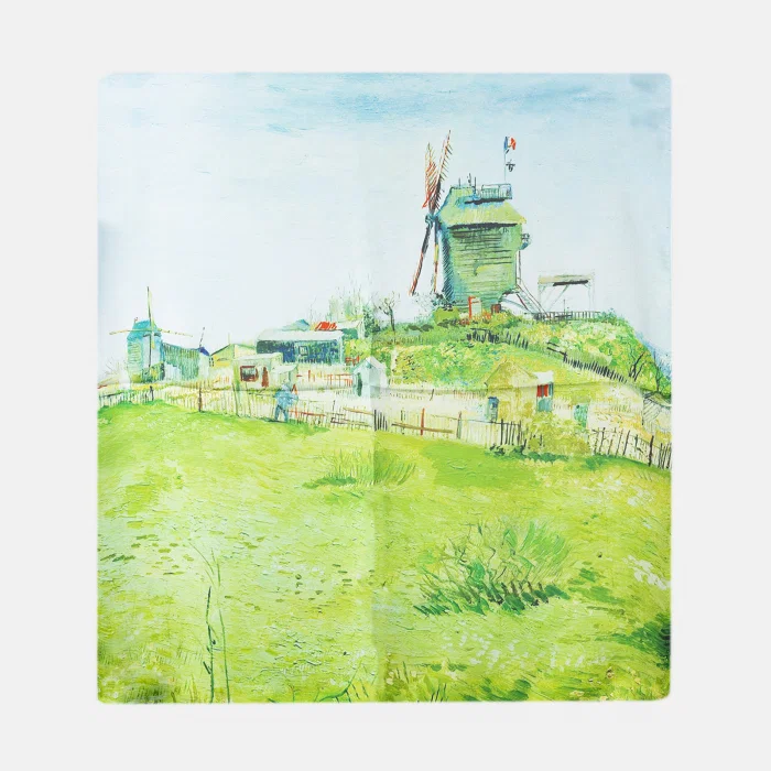 Esarfa patrata cu o singura fata imprimata cu model inspirat  dupa    Le Moulin de la Galette   de Van Gogh