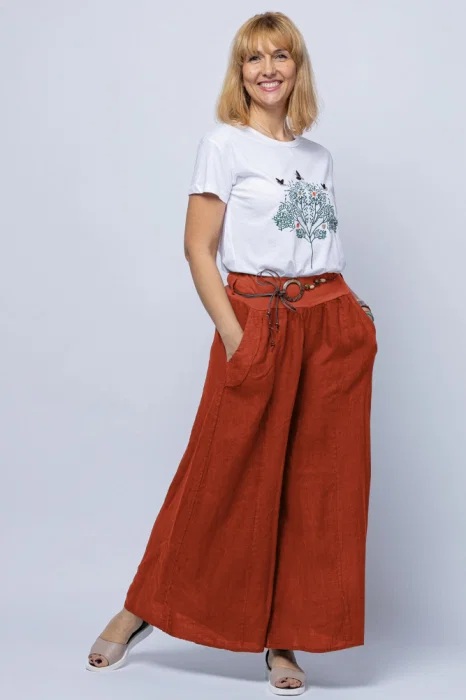 Fusta pantalon caramizie, casual, din in, cu o curea fancy