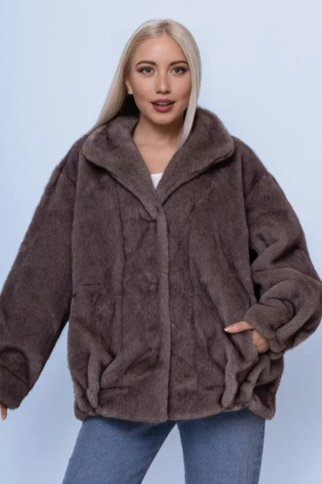 Geaca oversize din blanita artificiala, bej inchis