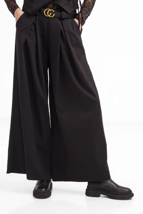 Pantaloni dama negri din stofa fina, palazzo, eleganti, cu talie inalta si curea