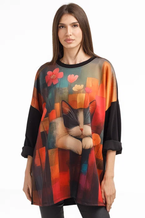 Bluza tunica oversized neagra cu pisica somnoroasa, din vascoza