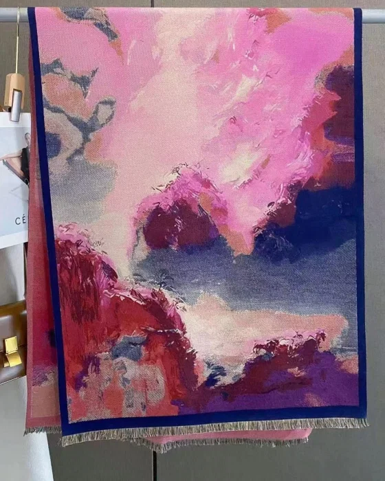 Esarfa din lana si bumbac cu imprimeu abstract roz, fucsia si bleumarin, gama de lux